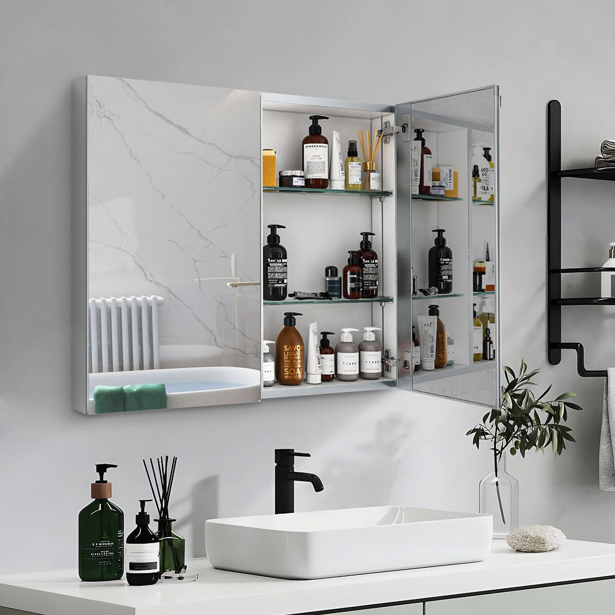 Forclover MA 30-in x 26-in Surface/Recessed Mount Silver Mirrored Soft Close Medicine Cabinet