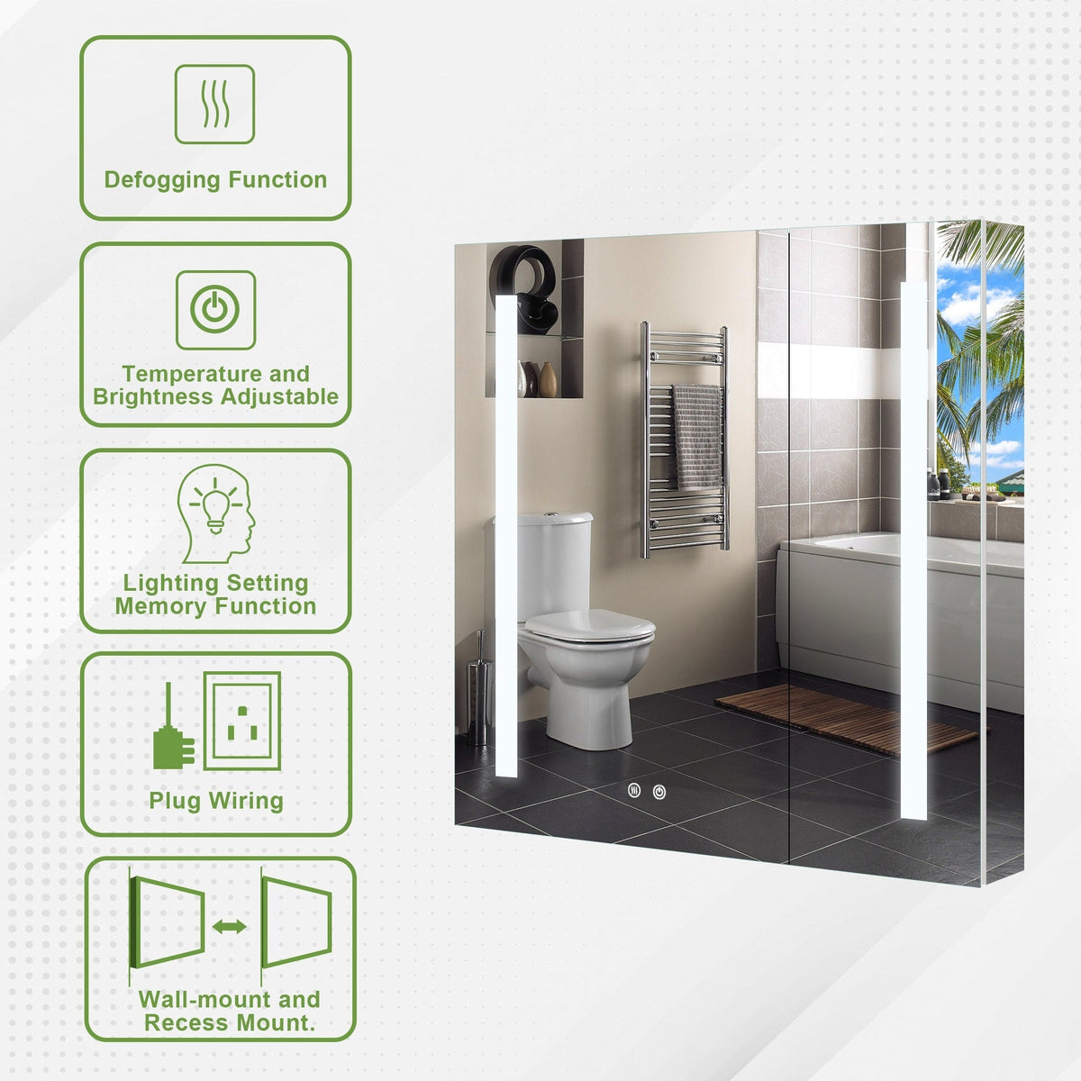 Forclover 30-in x 30-in Lighted LED Fog Free Surface/Recessed Mount Silver Mirrored Soft Close Medicine Cabinet with Outlet