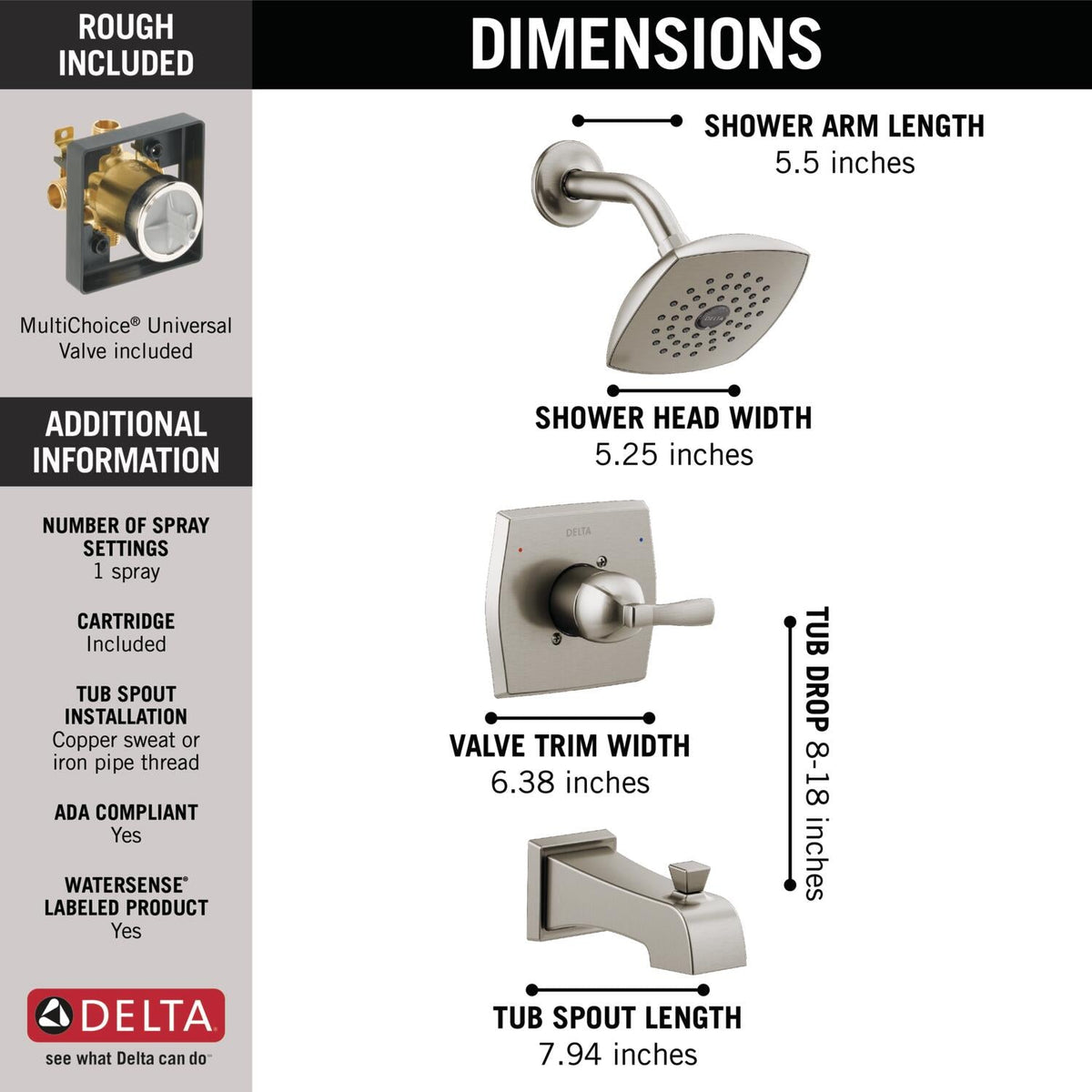 Delta Flynn Stainless 1-Handle Bathtub and Shower Faucet with Valve