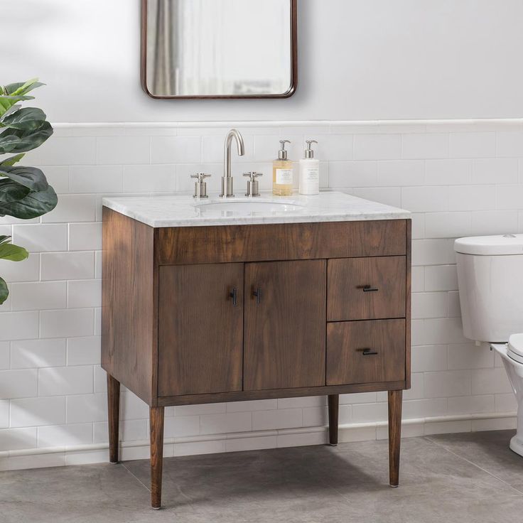 Wyatt 36 in. W x 22.05 in. D x 35.75 in. H Brown Single Sink Bathroom Vanity with White Carrara Marble Vanity Top