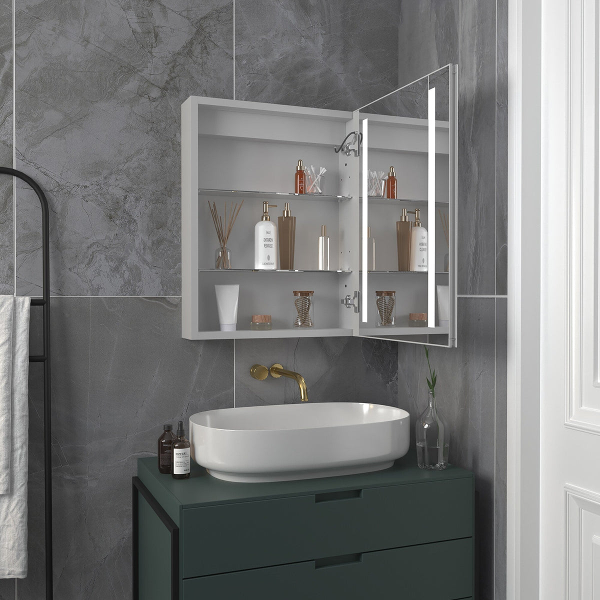 Forclover 20-in x 26-in Lighted LED Fog Free Surface/Recessed Mount Silver Mirrored Medicine Cabinet with Outlet