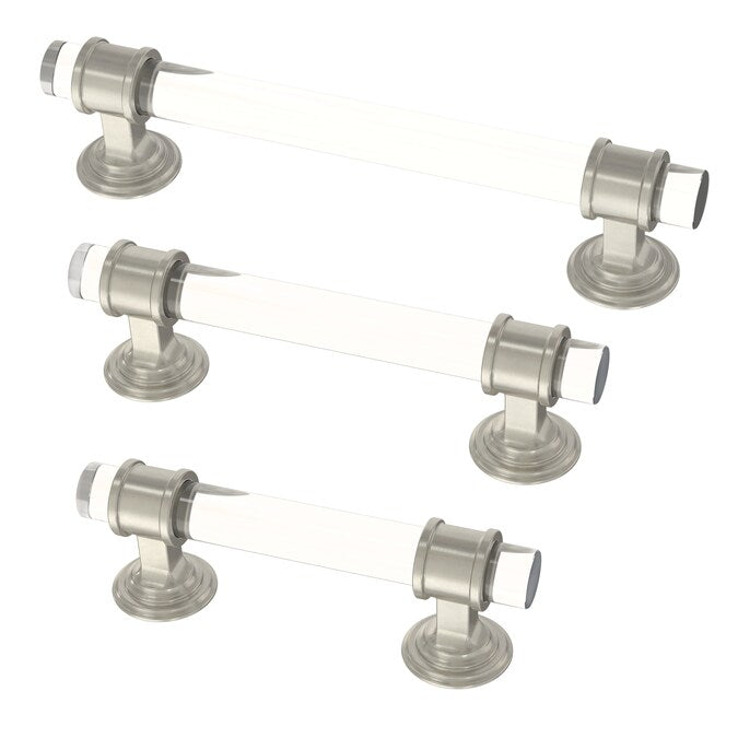 Brainerd (96mm) Center to Center Satin Nickel and Clear Cylindrical Bar Drawer Pull