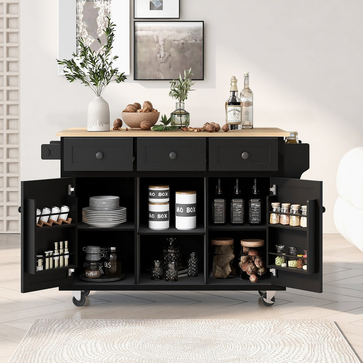 SINOFURN Black Mdf Base with Wood Top Rolling Kitchen Cart (17.7-in x 53.1-in x 37.2-in)