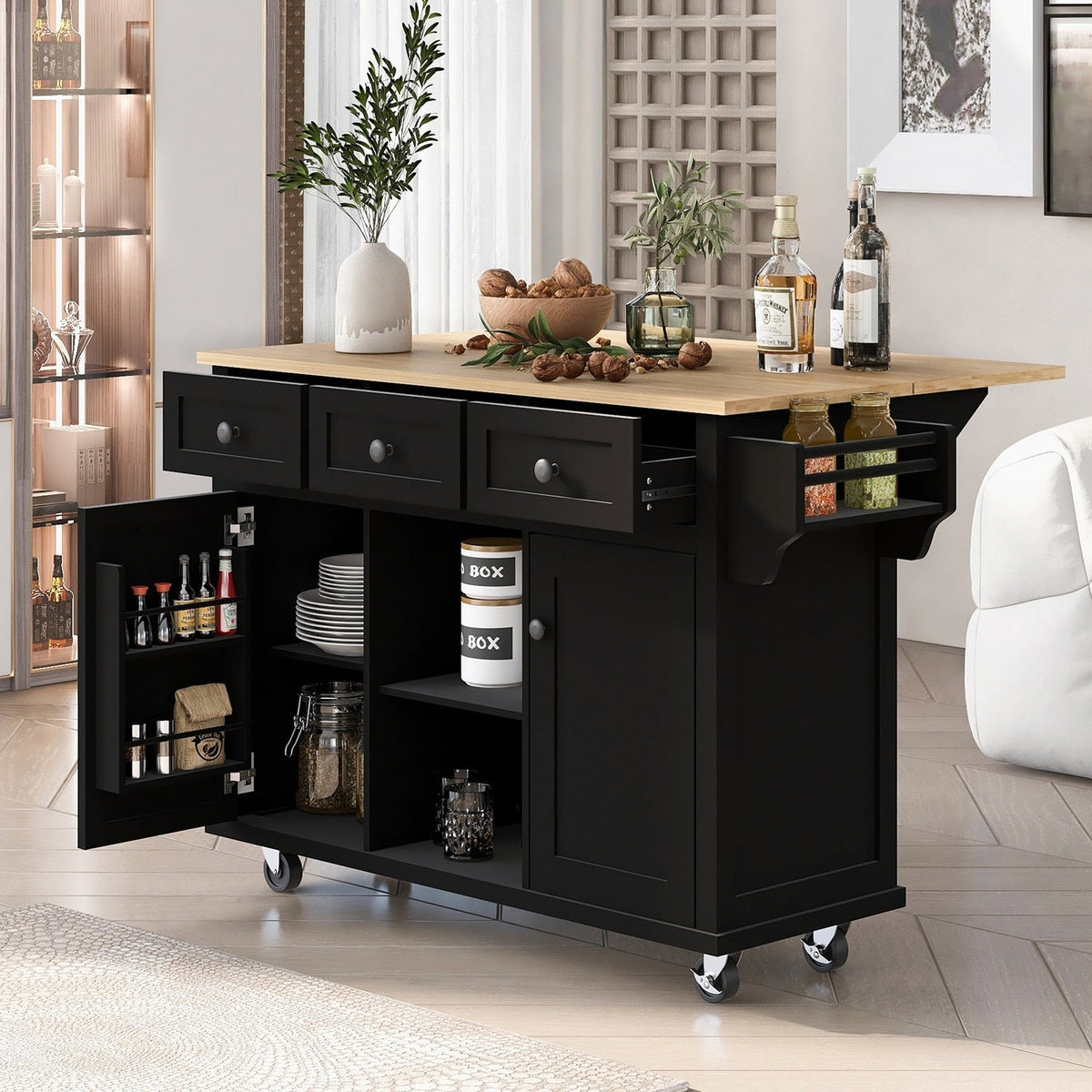 SINOFURN Black Mdf Base with Wood Top Rolling Kitchen Cart (17.7-in x 53.1-in x 37.2-in)