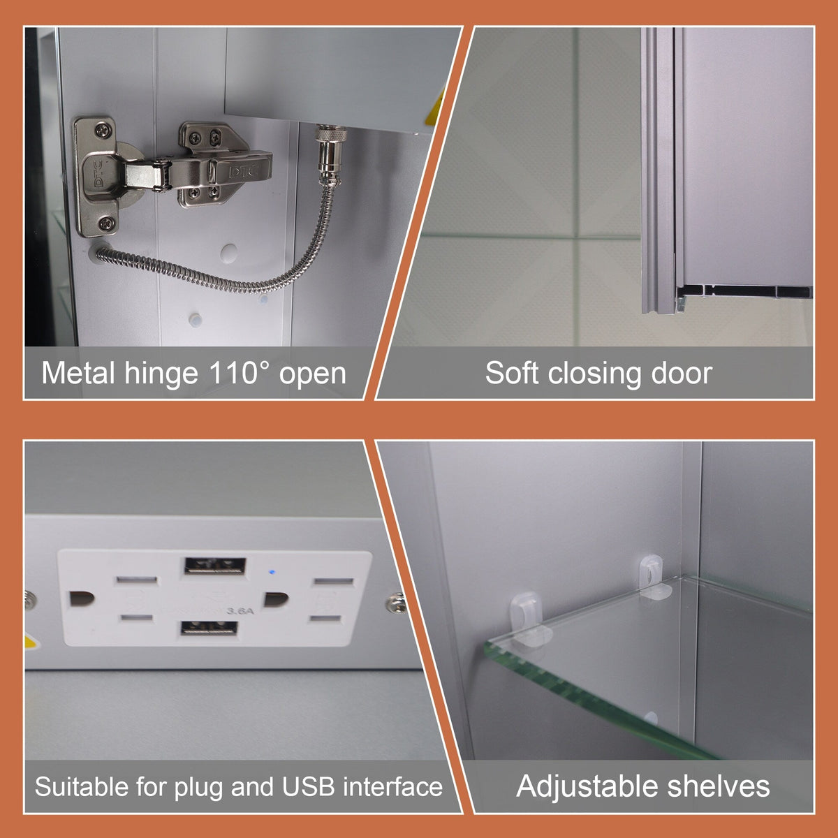 ExBrite Opale 20-in x 32-in Lighted LED Fog Free Surface/Recessed Mount Silver- 32"h- Left Mirrored Soft Close Medicine Cabinet with Outlet