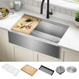 Kraus Kore 32.88-in x 20.25-in Stainless Steel Single Bowl Tall (8-in or Larger) Undermount Apron Front/Farmhouse Workstation Kitchen Sink All-in-One Kit with Drainboard
