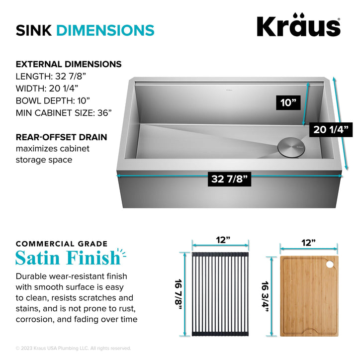 Kraus Kore 32.88-in x 20.25-in Stainless Steel Single Bowl Tall (8-in or Larger) Undermount Apron Front/Farmhouse Workstation Kitchen Sink All-in-One Kit with Drainboard