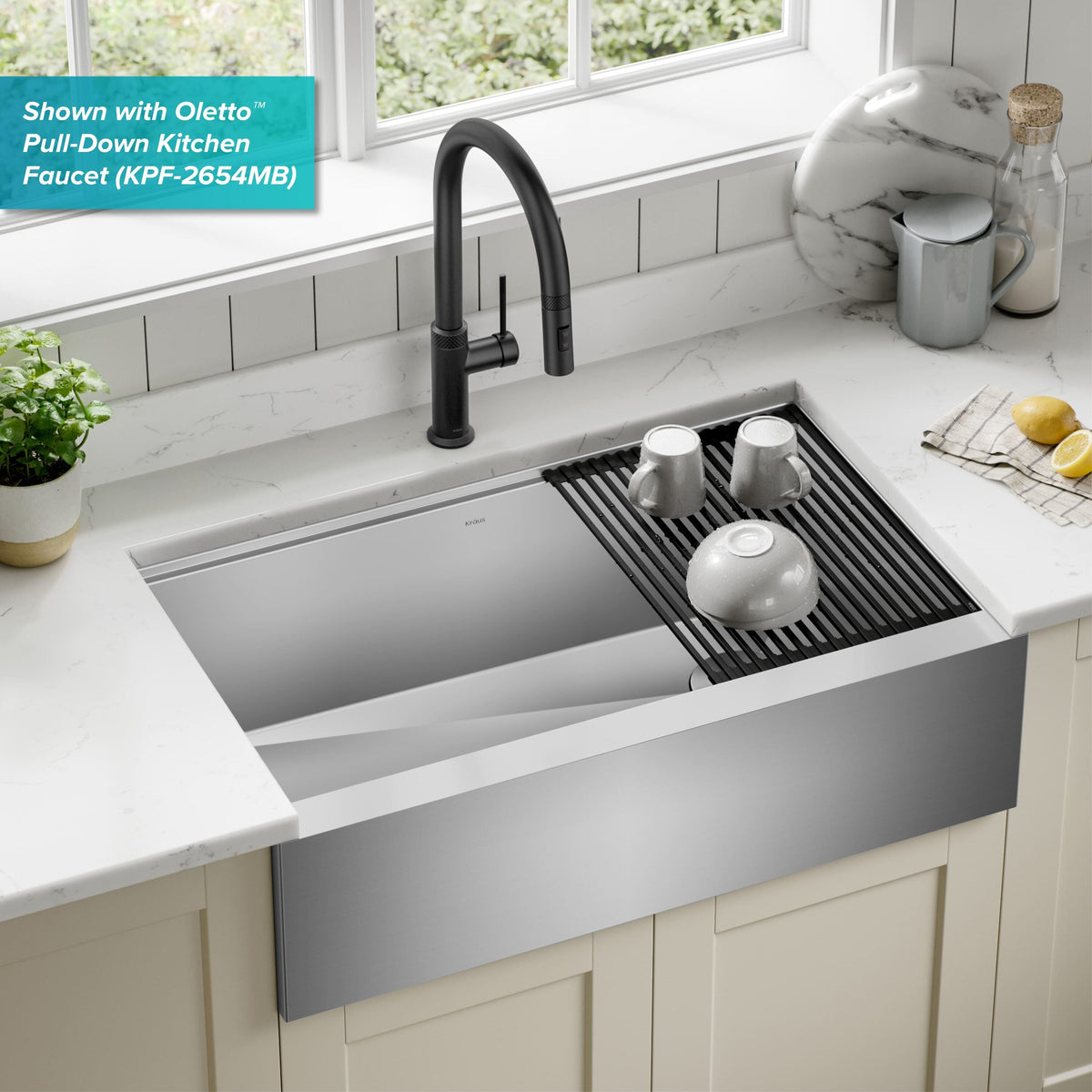 Kraus Kore 32.88-in x 20.25-in Stainless Steel Single Bowl Tall (8-in or Larger) Undermount Apron Front/Farmhouse Workstation Kitchen Sink All-in-One Kit with Drainboard