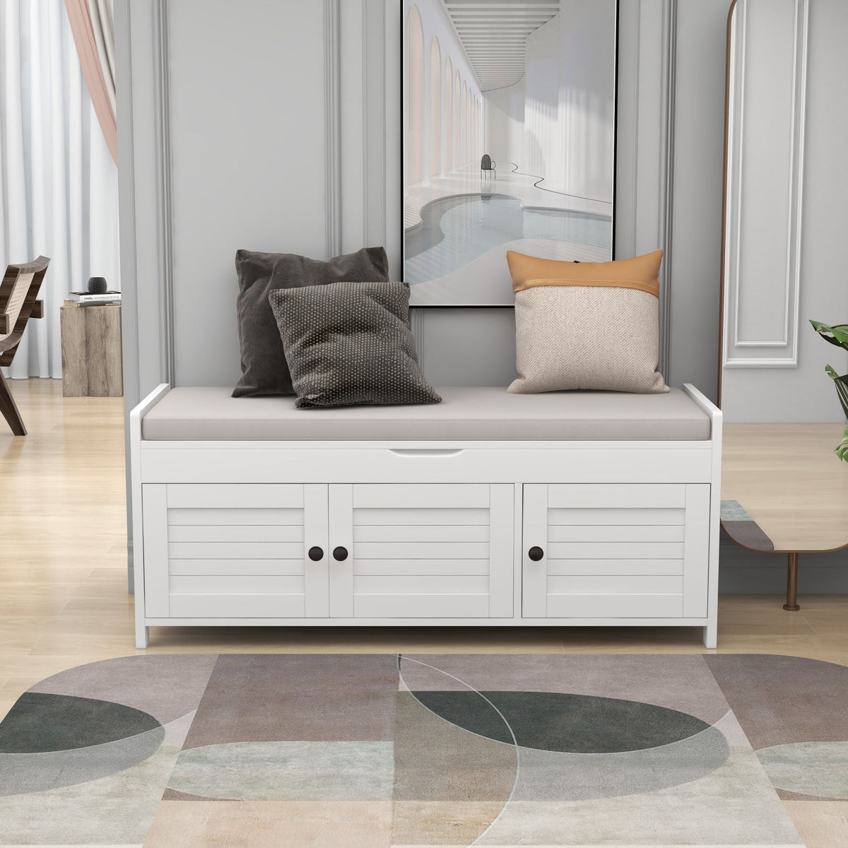 Qualler Modern White Storage Bench 43.5-in x 16-in x 18-in