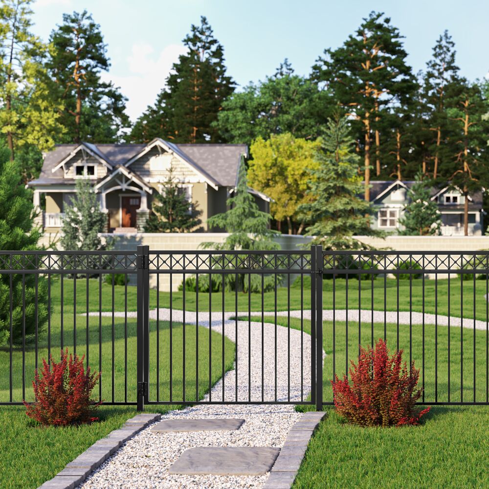 Freedom Hampshire 5-ft H x 5-ft W Black Aluminum Spaced Picket Flat-top Decorative Fence Gate