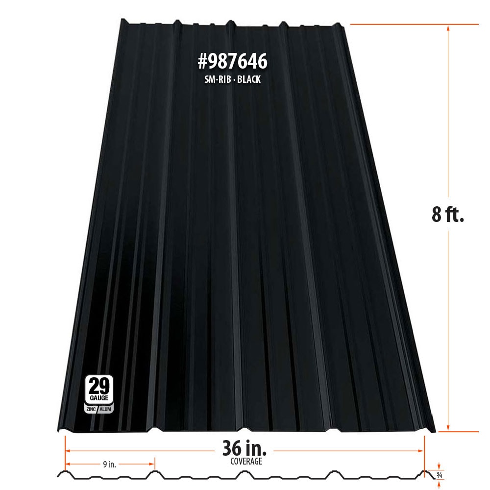 Gibraltar Building Products 3.125-ft x 8-ft SM-Rib Black Galvalume Steel Roof Panel, 29-Gauge, 36-in Coverage