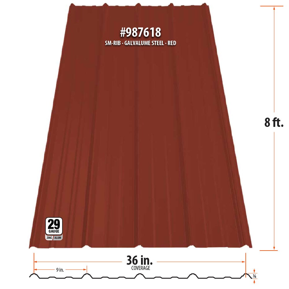 Gibraltar Building Products 3.125-ft x 8-ft SM-Rib Red Galvalume Steel Roof Panel, 29-Gauge, 36-in Coverage