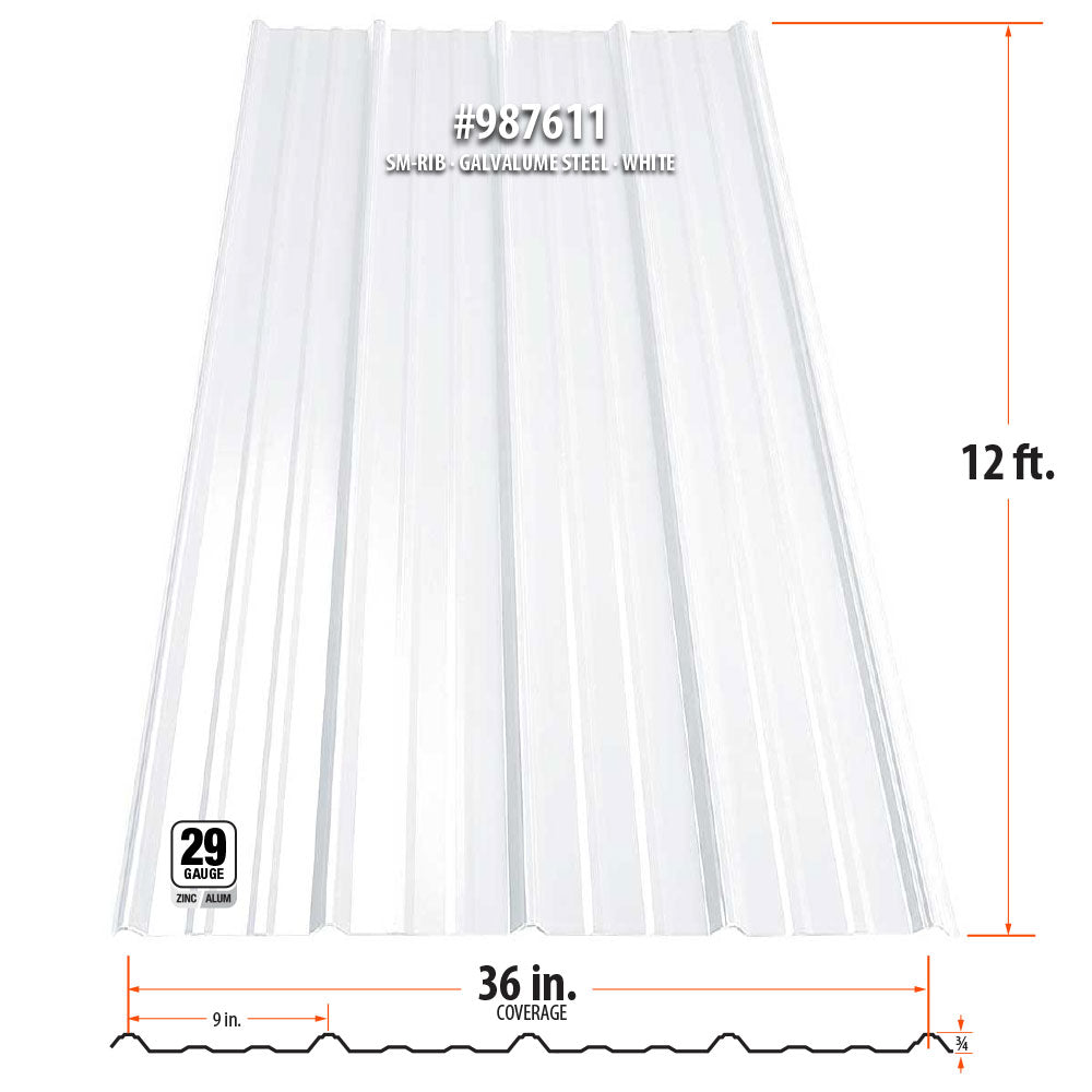 Gibraltar Building Products 3.125-ft x 12-ft SM-Rib White Galvalume Steel Roof Panel, 29-Gauge, 36-in Coverage