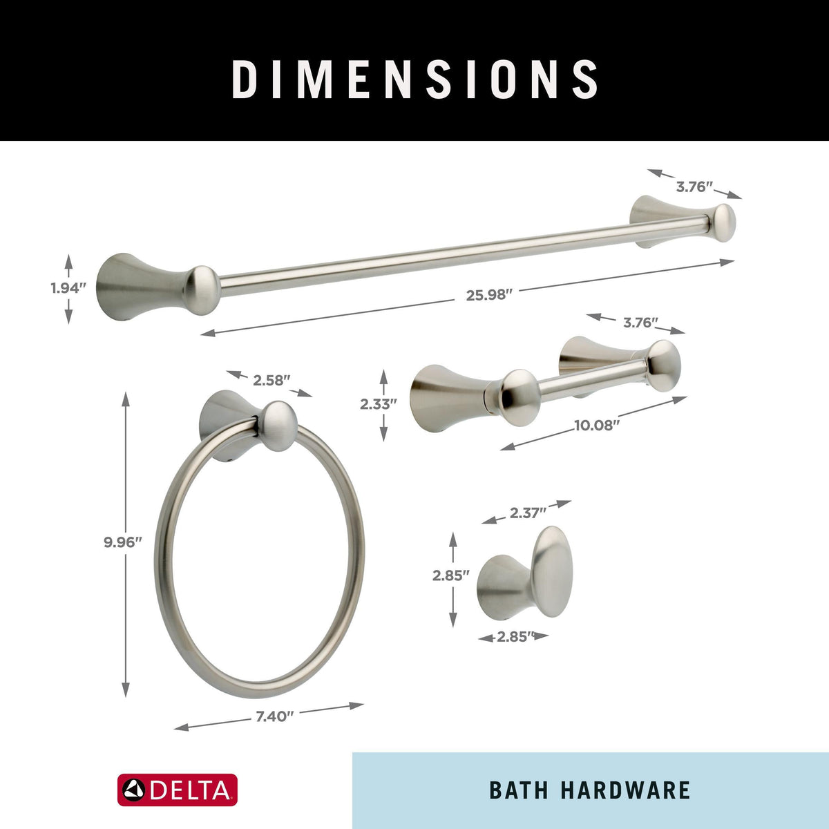 DELTA Lahara 4-Piece Decorative Bathroom Hardware Set – Brilliance Stainless, 24-in Towel Bar, TP Holder, Towel Ring, Robe Hook
