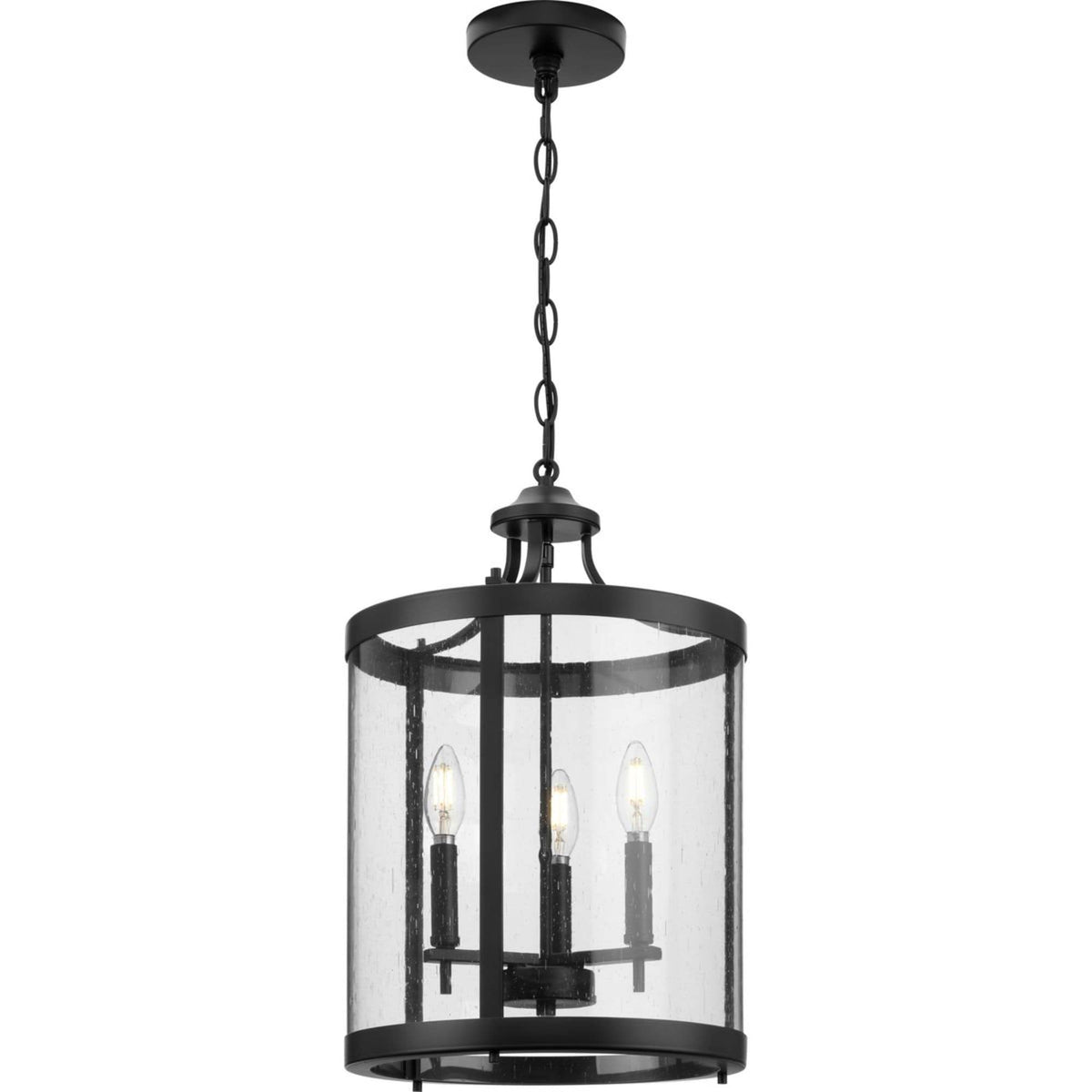 Progress Lighting Morehouse 3-Light Matte Black Transitional Seeded Glass Cylinder Medium Hanging Pendant Light