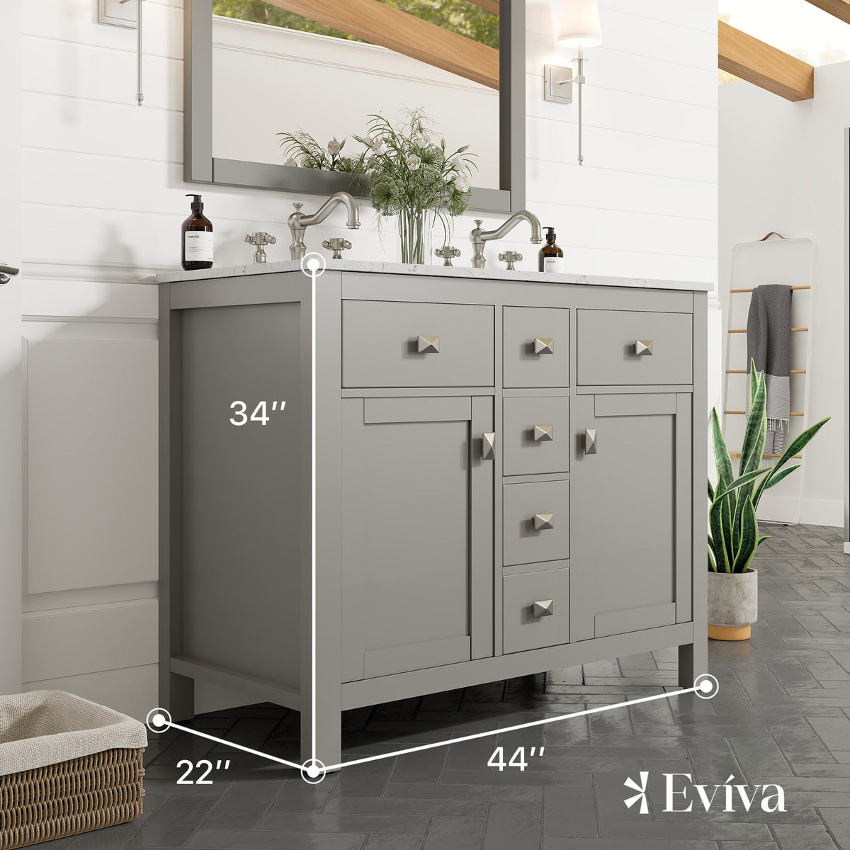 Eviva Artemis 44 in. W x 22 in. D x 34 in. H Double Sink Bathroom Vanity in White with Carrara-Style Quartz Top and White Undermount Sinks