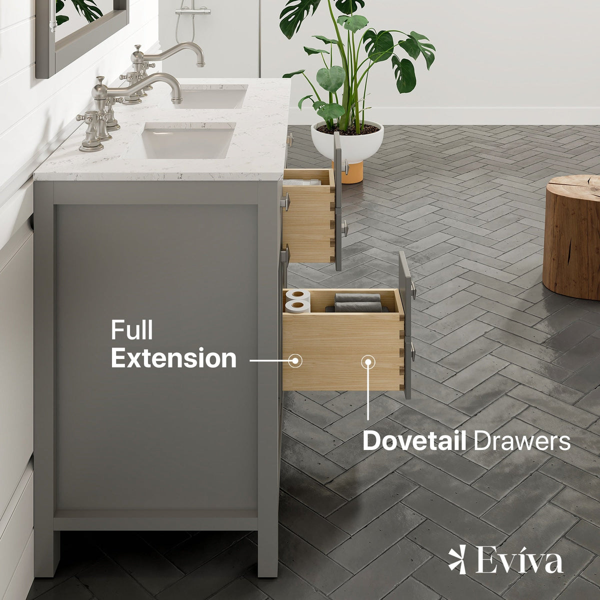 Eviva Artemis 44 in. W x 22 in. D x 34 in. H Double Sink Bathroom Vanity in White with Carrara-Style Quartz Top and White Undermount Sinks