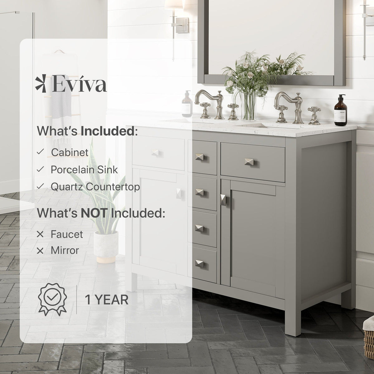 Eviva Artemis 44 in. W x 22 in. D x 34 in. H Double Sink Bathroom Vanity in White with Carrara-Style Quartz Top and White Undermount Sinks