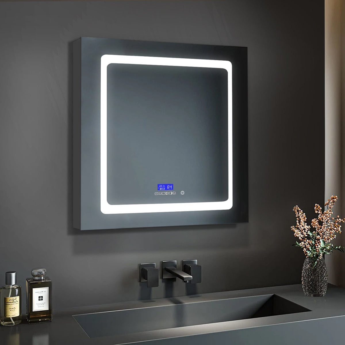 Lexora Bracciano 30-in x 32-in Lighted LED Fog Free Surface Mount Gray Mirrored Soft Close Medicine Cabinet