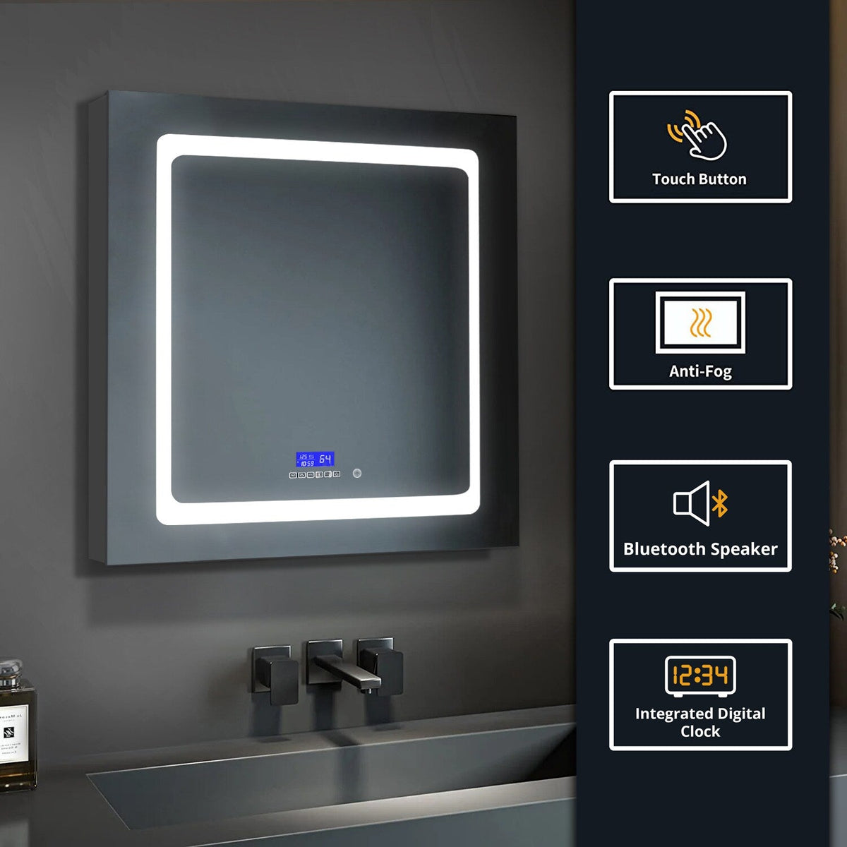 Lexora Bracciano 30-in x 32-in Lighted LED Fog Free Surface Mount Gray Mirrored Soft Close Medicine Cabinet