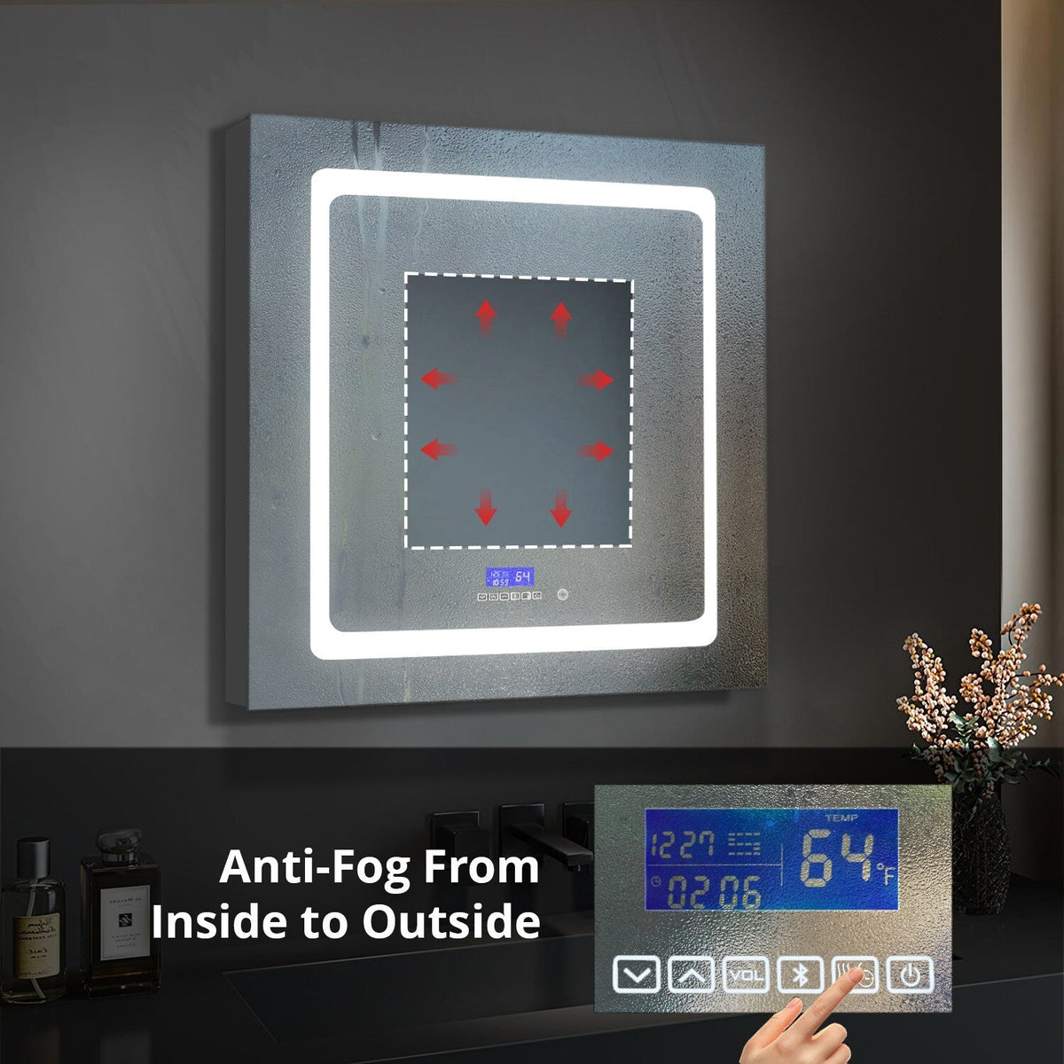 Lexora Bracciano 30-in x 32-in Lighted LED Fog Free Surface Mount Gray Mirrored Soft Close Medicine Cabinet