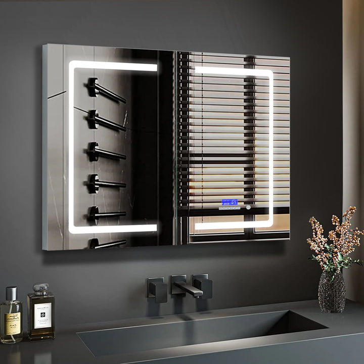 Lexora Bracciano 36-in x 32-in Lighted LED Fog Free Surface Mount Gray Mirrored Soft Close Medicine Cabinet