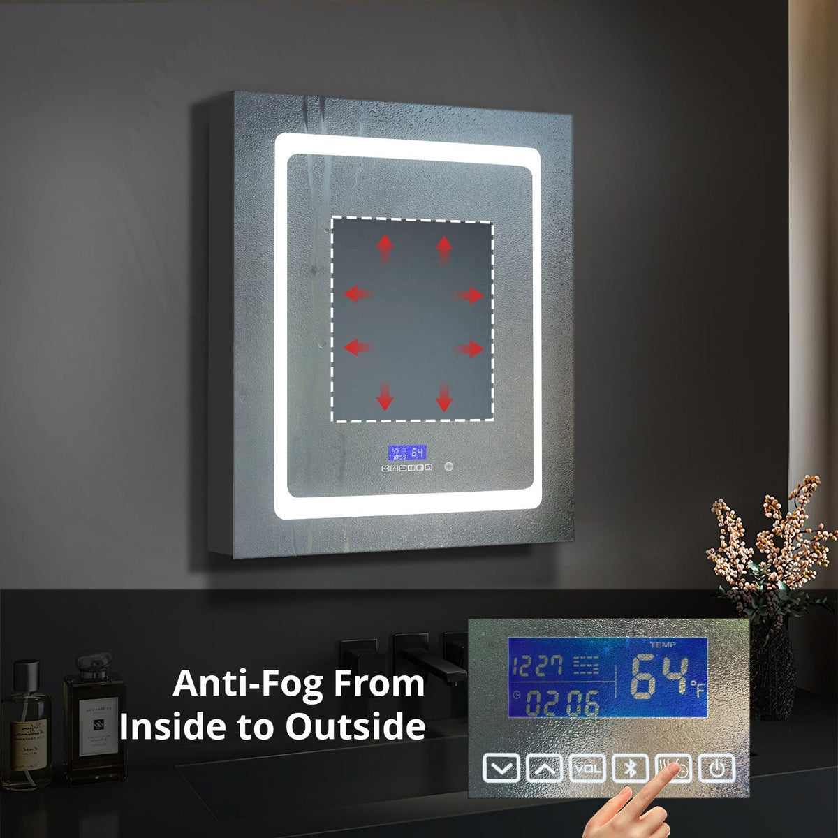 Lexora Bracciano 24-in x 36-in Lighted LED Fog Free Surface Mount Gray Mirrored Soft Close Medicine Cabinet