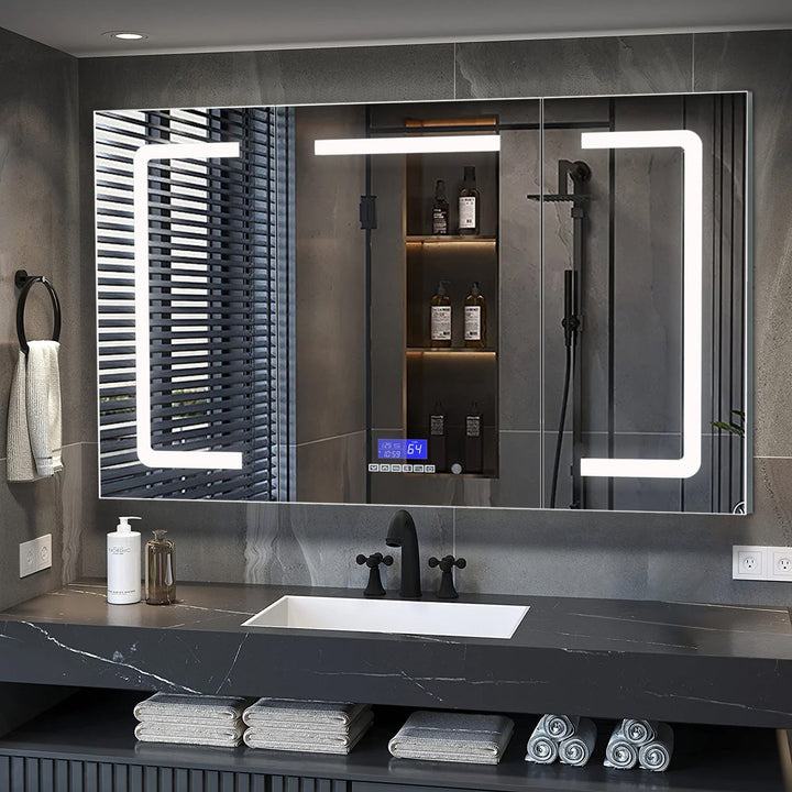 Lexora Lesina 60-in x 32-in Lighted LED Fog Free Surface Mount Gray Mirrored Soft Close Medicine Cabinet