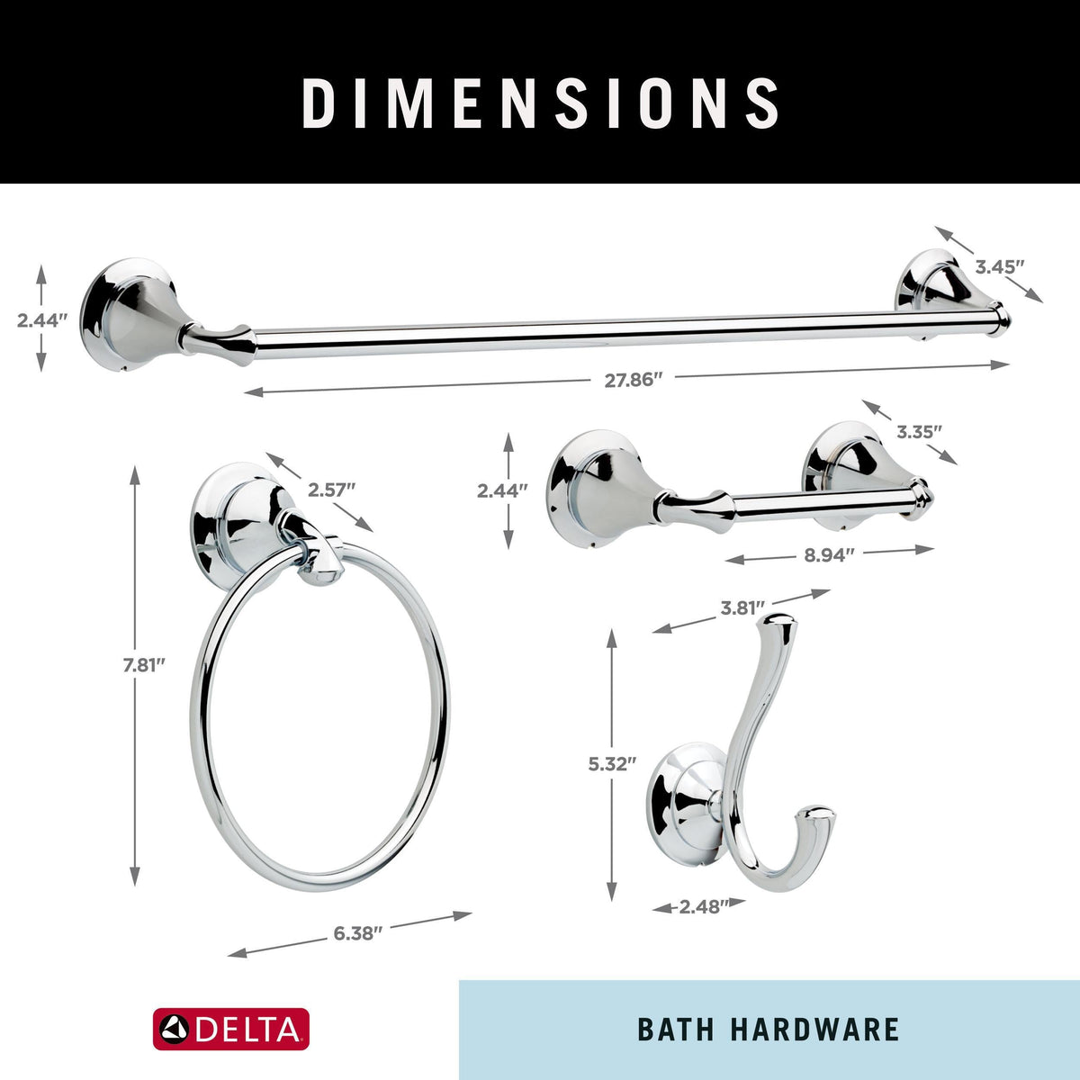 DELTA Linden 4-Piece Decorative Bathroom Hardware Set, Polished Chrome – 24 in. Towel Bar, Pivoting Toilet Paper Holder, Towel Ring & Double Robe Hook