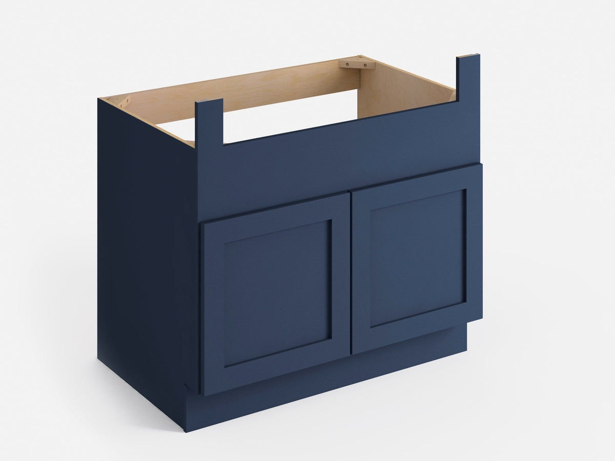 Valleywood Cabinetry 36-in W x 34.5-in H x 24-in D Marine Blue Birch Apron Front Sink Base Ready To Assemble Plywood Cabinet (Flat Panel Shaker Style)