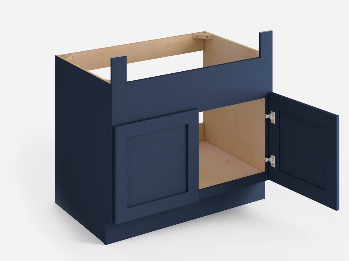 Valleywood Cabinetry 36-in W x 34.5-in H x 24-in D Marine Blue Birch Apron Front Sink Base Ready To Assemble Plywood Cabinet (Flat Panel Shaker Style)