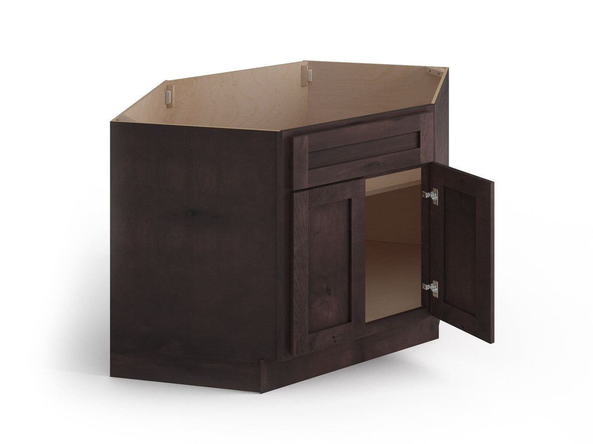 Valleywood Cabinetry 42-in W x 34.5-in H x 24-in D Rustic Hickory Diagonal 1-Drawer Corner Base Ready To Assemble Plywood Cabinet (Flat Panel Shaker Style)