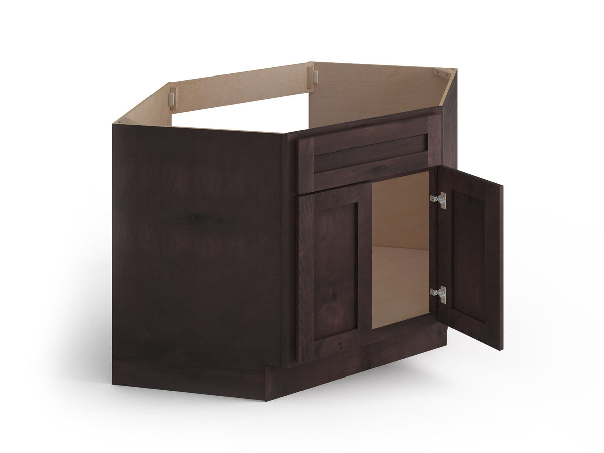 Valleywood Cabinetry 42-in W x 34.5-in H x 24-in D Rustic Hickory Diagonal Sink Base Ready To Assemble Plywood Cabinet (Flat Panel Shaker Style)