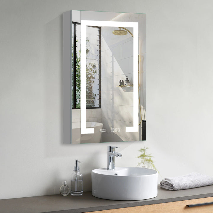 WELLFOR EX4 20-in x 32-in Lighted LED Fog Free Surface/Recessed Mount Silver Mirrored Soft Close Medicine Cabinet with Outlet