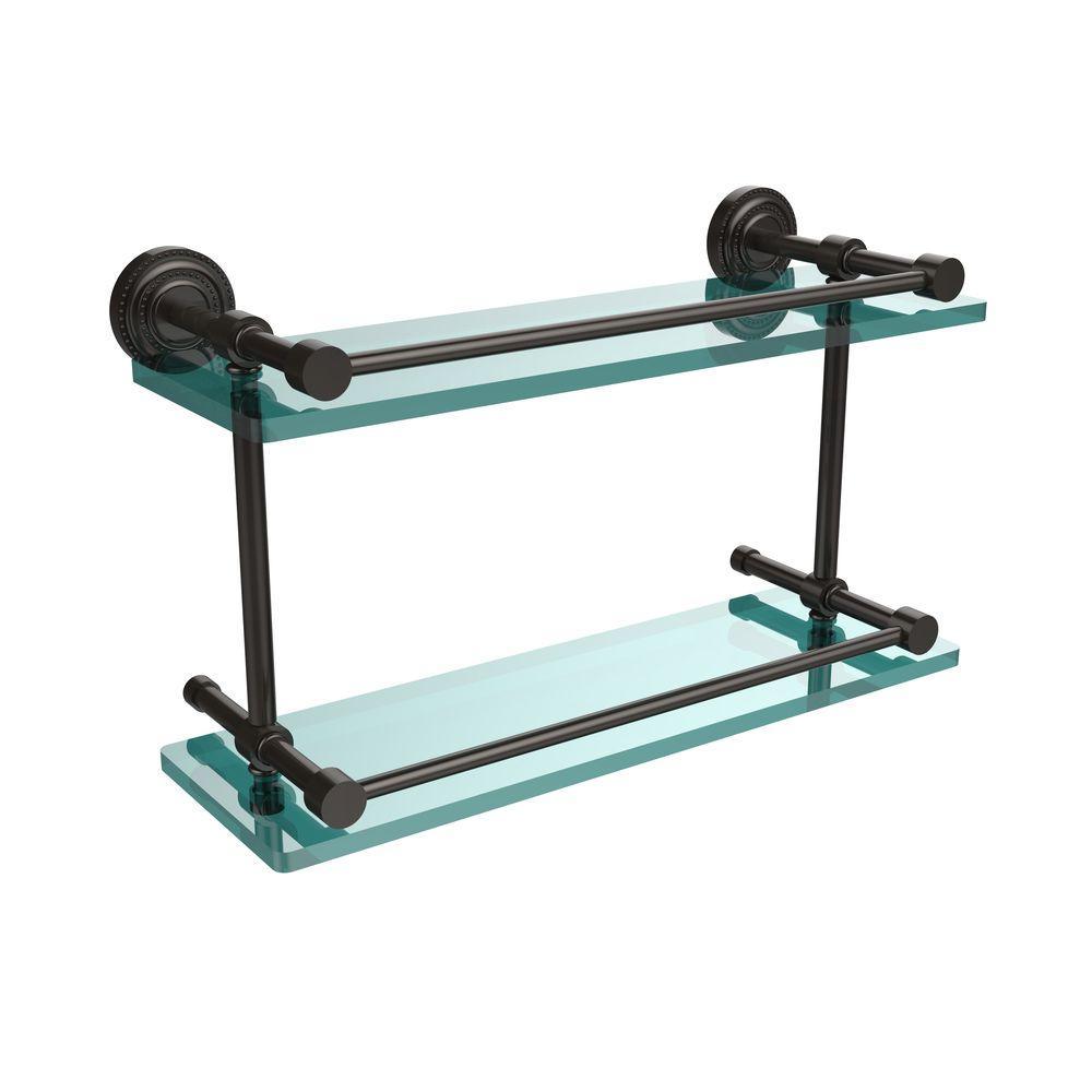 Dottingham 16 in. L x 8 in. H x 5 in. W 2-Tier Clear Glass Bathroom Shelf with Gallery Rail in Polished Nickel - Super Arbor