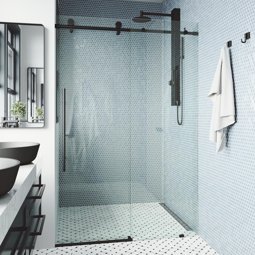 Elan E-class 60 in. x 76 in. Frameless Sliding Shower Door in Matte Black with Clear Glass and Handle - Super Arbor