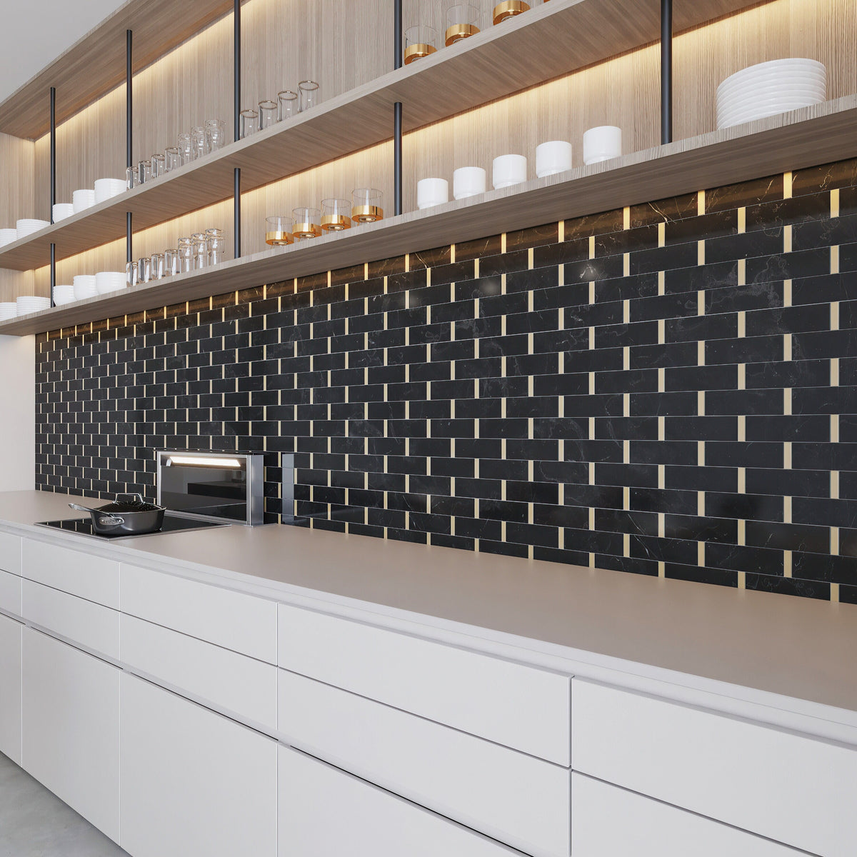Giorbello Black and Gold 11-in x 12-in Polished Natural Stone Marble Linear Marble Look Floor Tile (4.8-sq. ft/ Carton)