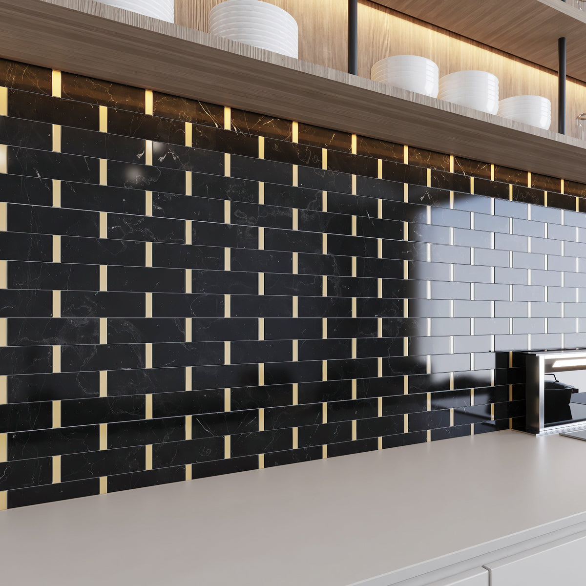 Giorbello Black and Gold 11-in x 12-in Polished Natural Stone Marble Linear Marble Look Floor Tile (4.8-sq. ft/ Carton)
