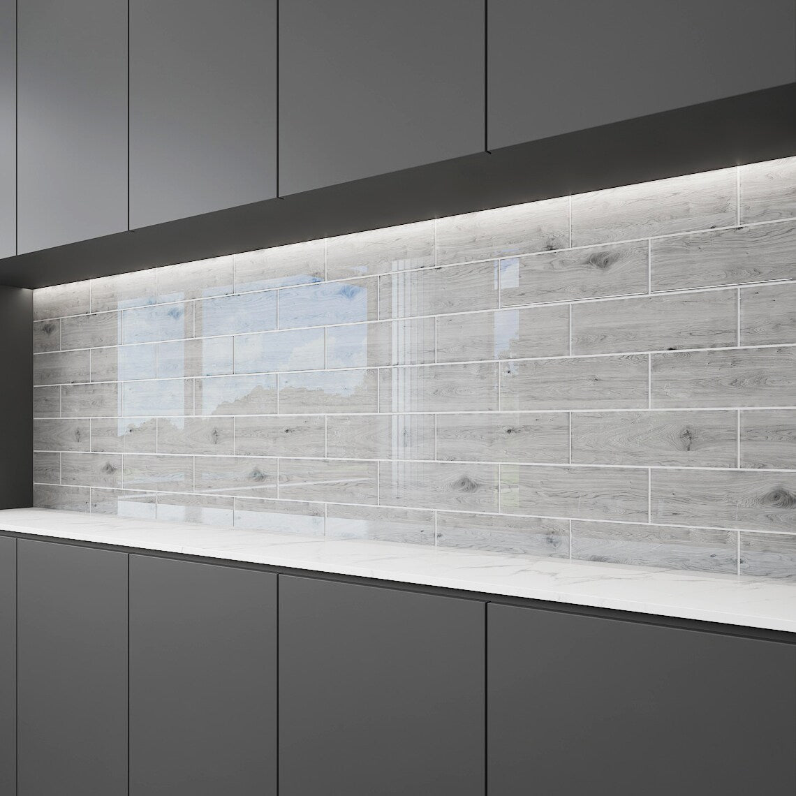 Giorbello Silver Cedar 4-in x 12-in Glossy Glass Wood Look Wall Tile (5-sq. ft/ Carton)
