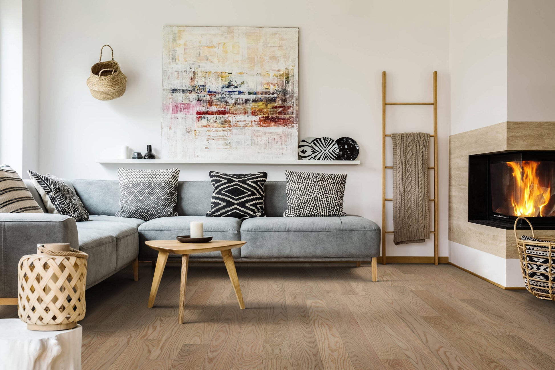 Green Leaf Oak Sandy Beige hardwood flooring — installed room view