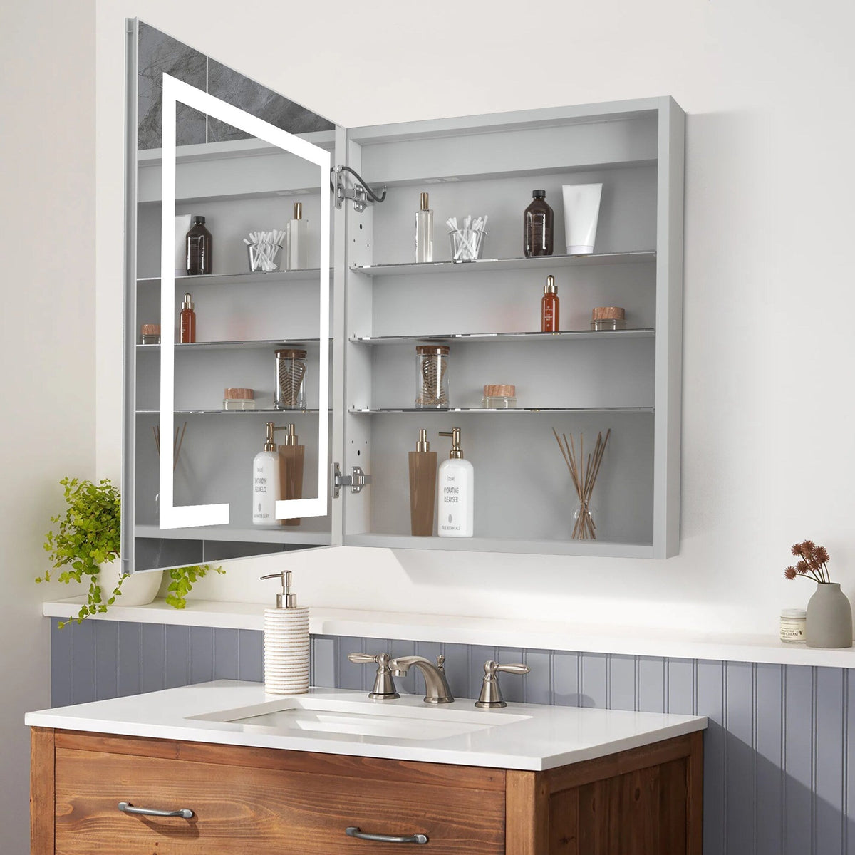 WELLFOR V3 24-in x 30-in Lighted LED Surface/Recessed Mount Aluminum Mirrored Soft Close Medicine Cabinet with Outlet