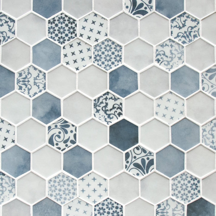 SUNWINGS Honeycomb Concret Blue 10-in x 12-in Matte Recycled glass Marble look Hexagon Mosaic Floor and Wall Tile product image