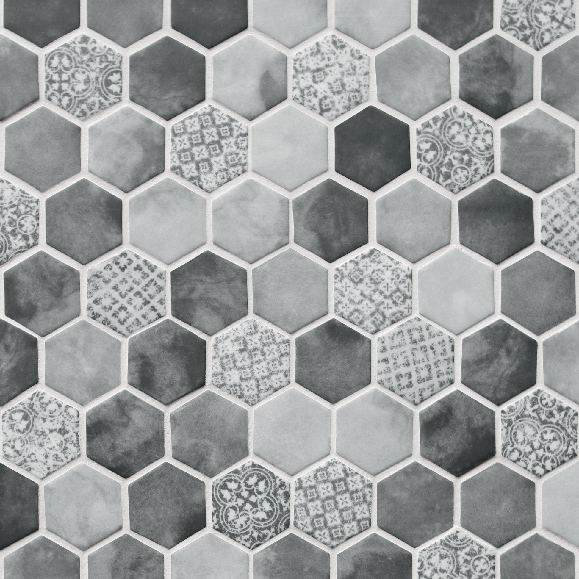 SUNWINGS Honeycomb Concret Gray 10-in x 12-in Matte Recycled glass Marble look Hexagon Mosaic Floor and Wall Tile product image