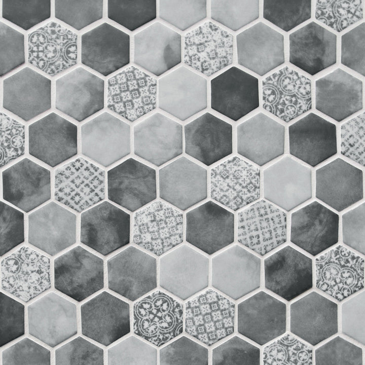SUNWINGS Honeycomb Concret Gray 10-in x 12-in Matte Recycled glass Marble look Hexagon Mosaic Floor and Wall Tile product image