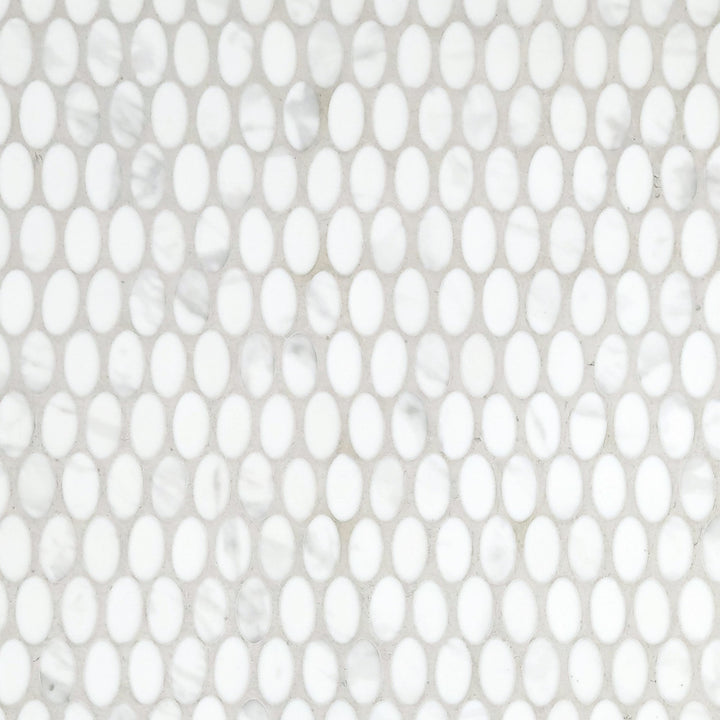 SUNWINGS Oval White Calacatta 11-in x 11-in Matte Recycled glass Marble look Penny round Mosaic Floor and Wall Tile product image