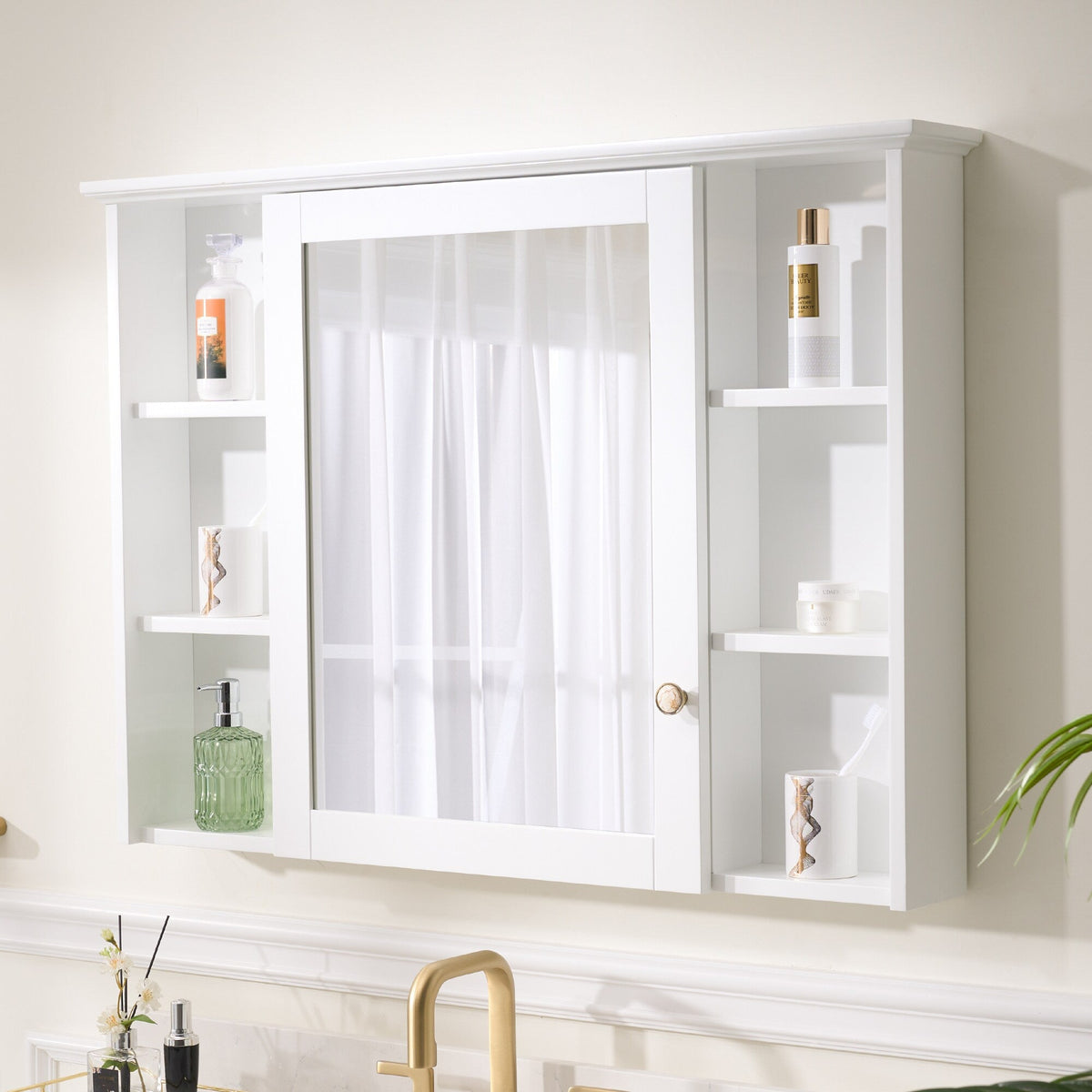 WELLFOR ART Solid Wood 42-in x 30-in Surface Mount White Mirrored Soft Close Medicine Cabinet