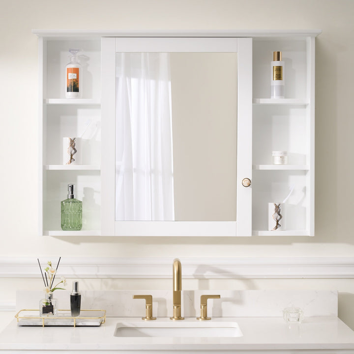 WELLFOR ART Solid Wood 42-in x 30-in Surface Mount White Mirrored Soft Close Medicine Cabinet