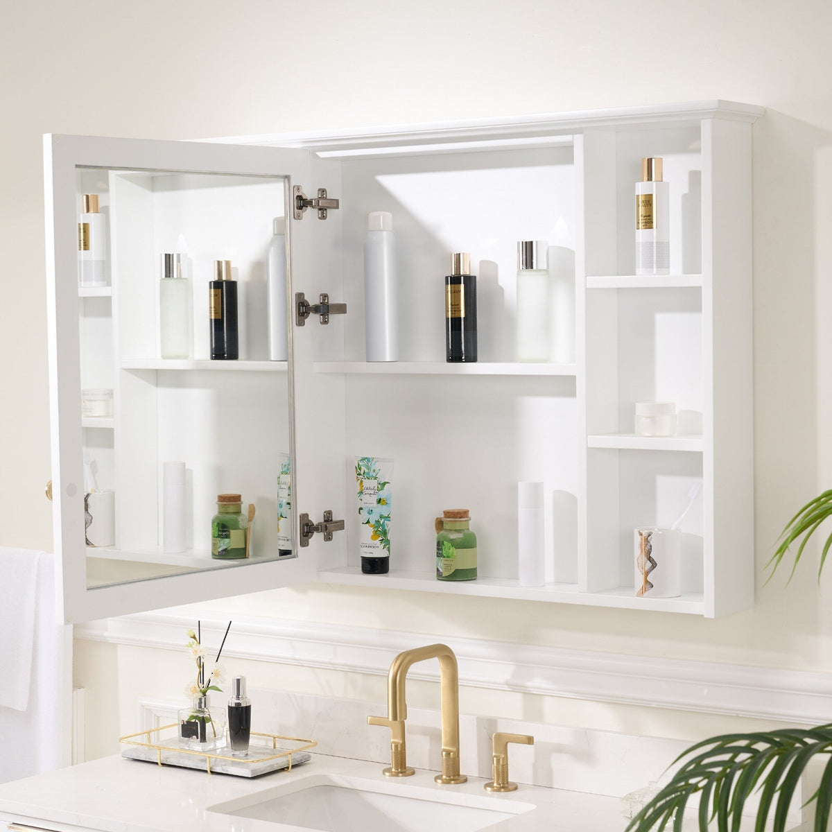 WELLFOR ART Solid Wood 42-in x 30-in Surface Mount White Mirrored Soft Close Medicine Cabinet