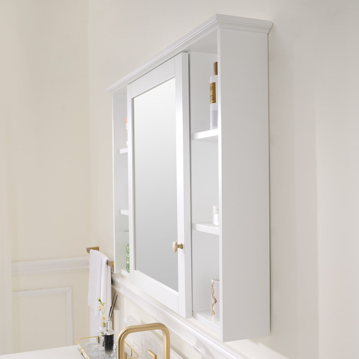 WELLFOR ART Solid Wood 42-in x 30-in Surface Mount White Mirrored Soft Close Medicine Cabinet
