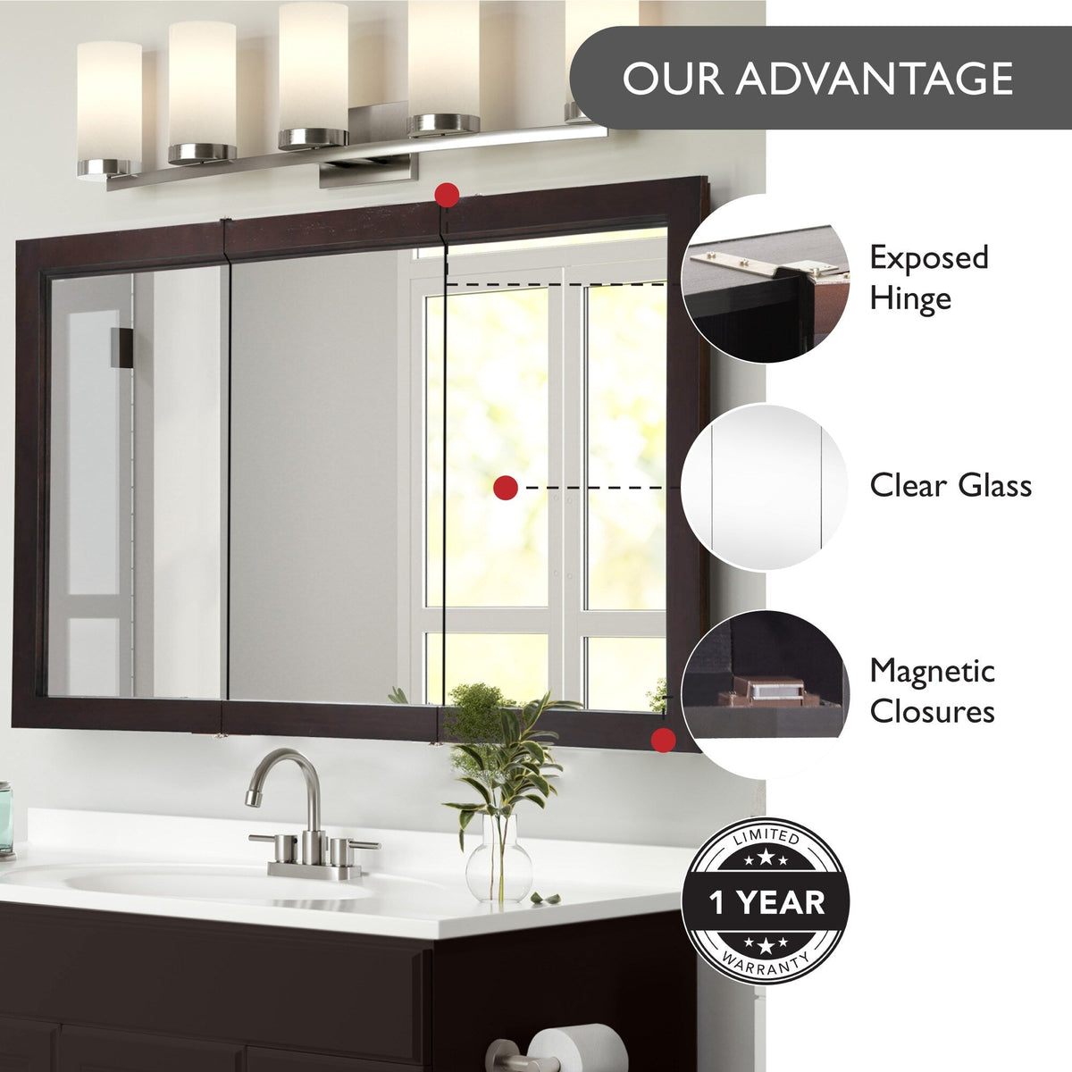 Design House Ventura 48-in x 30-in Surface Mount Espresso Mirrored Medicine Cabinet